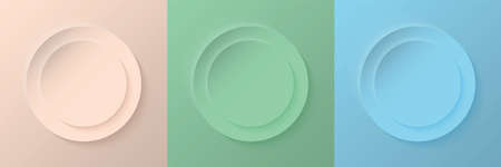 Set of abstract 3d beige, light green and light blue pastel color circle frame design for cosmetic product. Collection of trendy color geometric background with copy space. Vector EPS10のイラスト素材