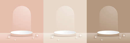 Set of pastel minimal scenery with geometrical forms. Cream, Rose, Sand and balls. background vector 3d render podium. stand cosmetic products. 3d vector illustration.のイラスト素材