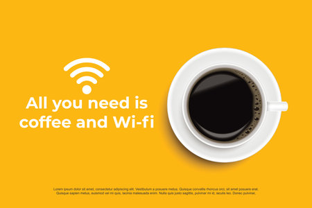 Black coffee in white cup on yellow background poster advertisement flyer Vector Illustrationのイラスト素材