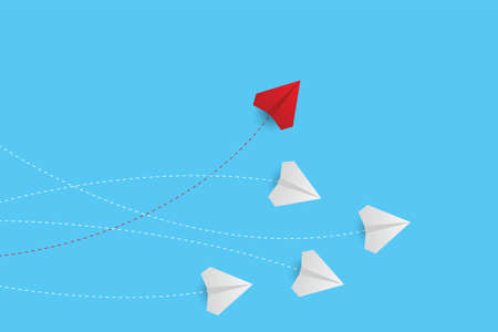 Creative paper planes on blue background. Think differently concept. Red airplane changing...