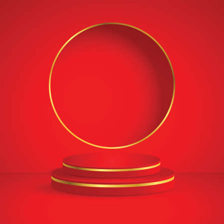 Red and gold round podium pedestal on studio lighting minimal background. Design creative concept product display mock up. 3D rendering illustration.のイラスト素材