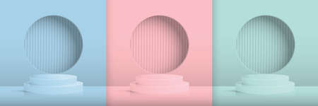 Set of blue, pink, green cylinder pedestal podium display, Empty room background. Abstract modern...