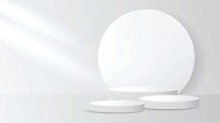 Podium abstract background. Geometric shape.white colors scene. white background vector 3d rendering with podium. stand to show cosmetic products. Stage showcase on pedestal display grey studioのイラスト素材