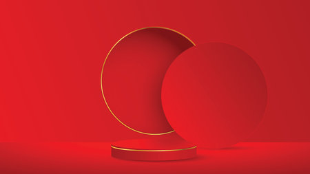 Red and gold round podium pedestal on studio lighting minimal background. Design creative concept product display mock up. 3D rendering illustration.のイラスト素材