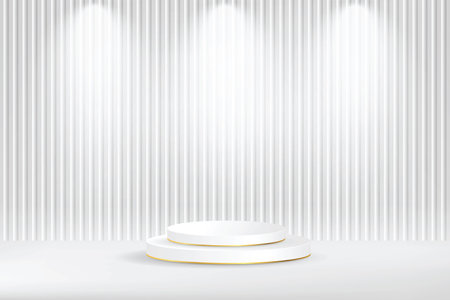 Podium abstract background. Geometric shape.white colors scene. Minimal 3d rendering. Round podium illuminated by spotlights. Stock vector illustration image.のイラスト素材