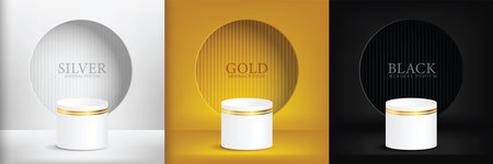 Abstract 3D room set with realistic cylinder plinth on background silver, gold, black, circular window on the wall. vector geometry Simulated product display, minimal scene, Studio room.のイラスト素材