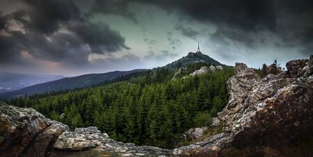 Sunrise over the city of Liberec, Czech republic. Jested. View from the Virive stones Jested Mountain. Jizerske mountains and Liberec.の写真素材