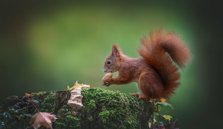 Squirrel sits on an autumn tree stump and eats a nut, the best photo.