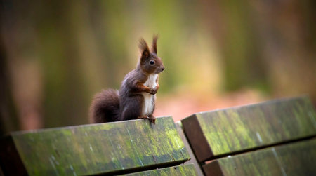 Beautiful squirrel sitting on a bench and observes, the bets photo.の写真素材