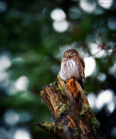 Glaucidium passerinum sits on a branch at night and looks at the prey, the best photoの写真素材