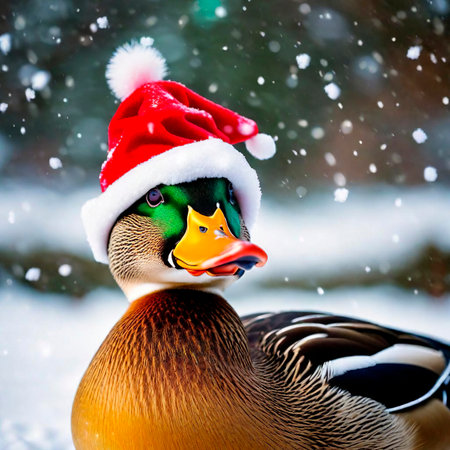 Funny duck with a Christmas hat on the barrel while snowing, the best photo.の素材