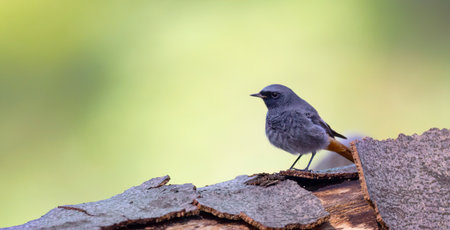 Common Redstart Phoenicurus phoenicurus sitting on a wooden stake.の写真素材