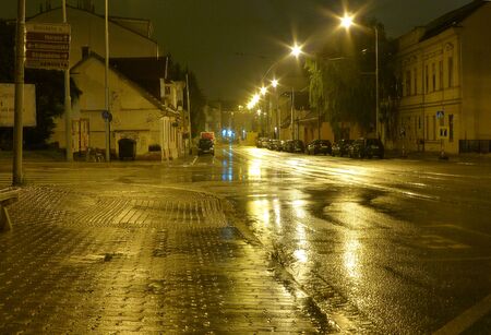 Photo of an empty wet street at night illuminated by lampsの写真素材