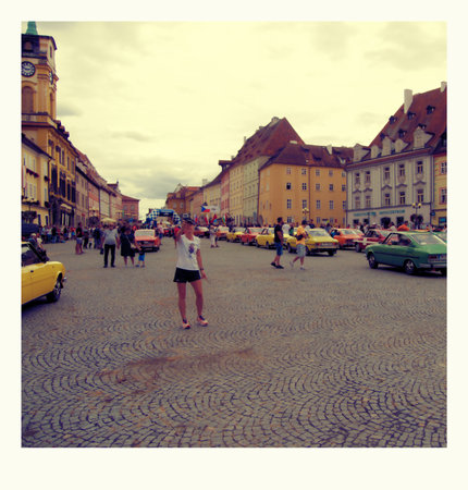 Cheb, Czech republic - September 21, 2021: photographer jiri Igaz and czechoslovak cars of Skoda 110Rのeditorial素材