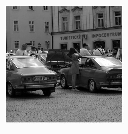 Cheb, Czech republic - September 21, 2021: photographer jiri Igaz and czechoslovak cars of Skoda 110Rのeditorial素材