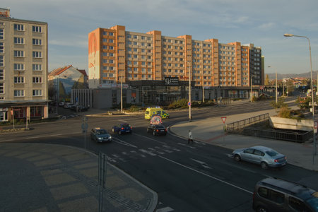 Chomutov, Czech republic - November 02, 2021: route 13 and buildings at eveningのeditorial素材