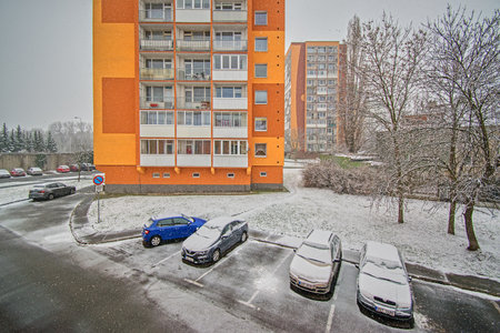 Chomutov, Czech republic - January 31, 2022: snowfall between housesのeditorial素材
