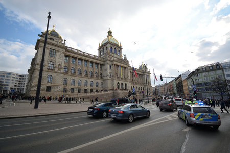 Prague, Czechia - February 27, 2022: building of National museum with ukrainian flagのeditorial素材