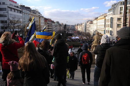 Prague, Czechia - February 27, 2022: demonstration of people in support of Ukraine on Wenceslas Squareのeditorial素材