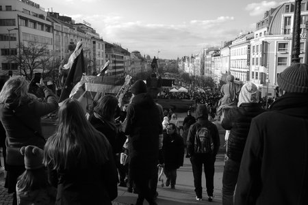 Prague, Czechia - February 27, 2022: demonstration of people in support of Ukraine on Wenceslas Squareのeditorial素材