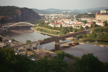 Usti nad Labem, Czechia - June 20, 2023: view of the train on the Elbe bridge - analogのeditorial素材