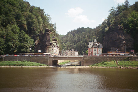 Hrensko, Czechia - June 11, 2023: village near the Elbe in Czech Switzerland - analogのeditorial素材