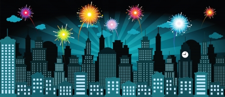 Night city and fireworksのイラスト素材