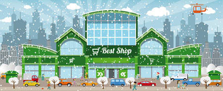 Vector illustration of shopping center in the city in winter daysのイラスト素材