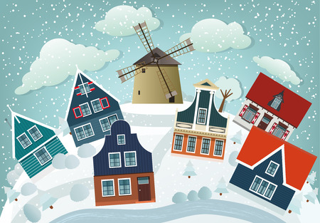 Vector illustration of holland countryside in winter (classic houses in the nature)のイラスト素材