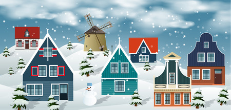 Vector illustration of winter landscape (Dutch countryside)のイラスト素材