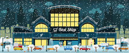 Vector illustration of shopping center in the city in winterのイラスト素材