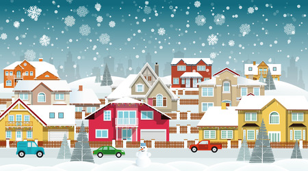 Vector illustration of life in the suburbs snow covered housesのイラスト素材