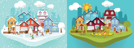 Vector illustration -  Winter and Summer city landscapeのイラスト素材