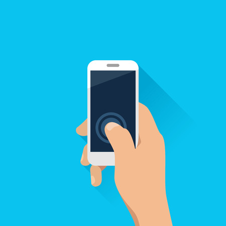 Hand holding mobile phone in flat design style