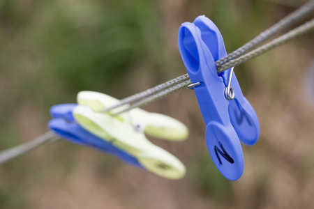 Multi coloured clothing pins attached to a clothing line with a blurred green backgroundの写真素材