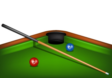 Billiard table with billiard cue and billiard balls