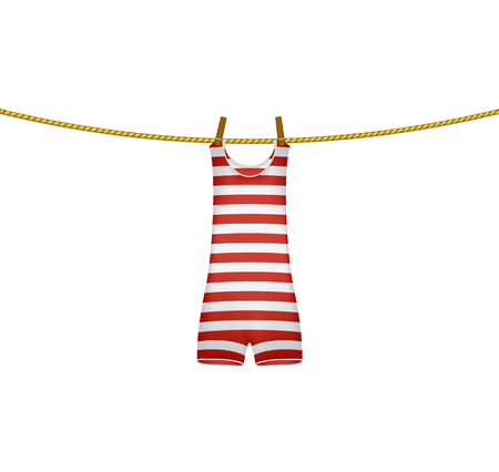 Striped retro swimsuit hanging on ropeのイラスト素材