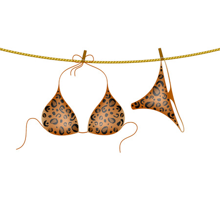 Leopard bikini suit hanging on ropeのイラスト素材