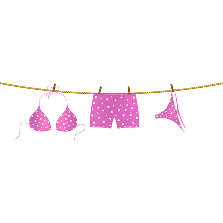 Bikini and boxer shorts hanging on ropeのイラスト素材