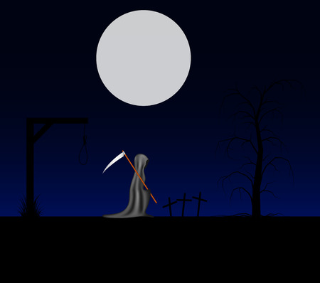 Spooky background with grim reaper with scythe in a cemeteryのイラスト素材