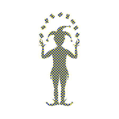 Blue and yellow checked silhouette of Joker playing with cardsのイラスト素材