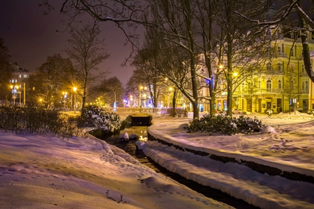 Central park at night - small west bohemian spa town Marianske Lazne (Marienbad) - Czech Republicの写真素材