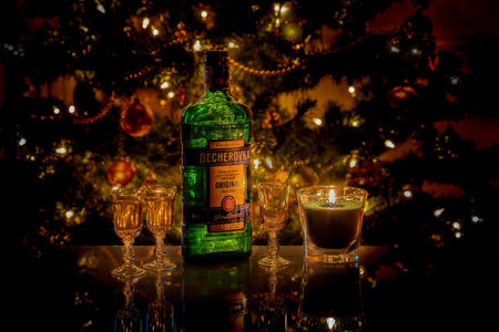 Marianske Lazne, Czech Republic - December 31, 2020: Bottle of Becherovka liquor - Czech herbal liqueur, produced in Karlovy Vary. The fortress is 38%.のeditorial素材