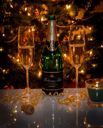 Marianske Lazne, Czech Republic - December 31, 2020: Bottle of Bohemia Sekt on a black background. Bohemia Sekt is sparkling wine. Most popular champagne in Czech republicのeditorial素材