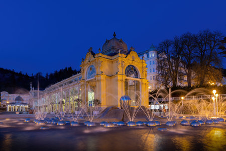 Marianske Lazne, Czech Republic - October 25, 2019: Main colonnade and singing fountain at night - center of Marianske Lazneのeditorial素材