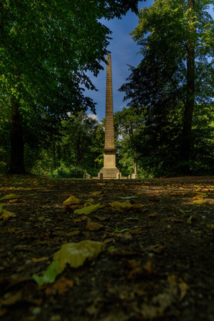 Obelisk erected to commemorate the Battle of Amberg 1796 victory of Austria over France - chateau park in KrÃ¡snÃ½ DvÅ¯r - Czech Republic, Europeの写真素材