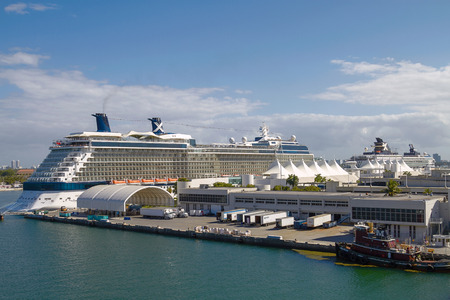 Cruise Ships in The Port of Miami, Florida, United States. The city is a Major Destination for Cruise Companies.のeditorial素材