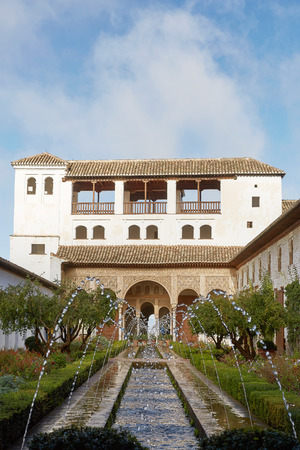 View of the Patio de la Acequia in the Palacio del Generalife, part of the La Alhambra complex in Granada, Spain.のeditorial素材