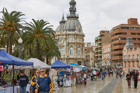 People visiting and shopping at the market in Cartagena in Spain.のeditorial素材