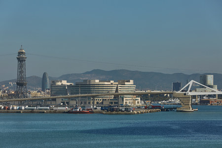 Port with containers and import export operations in Barcelona Spain.のeditorial素材